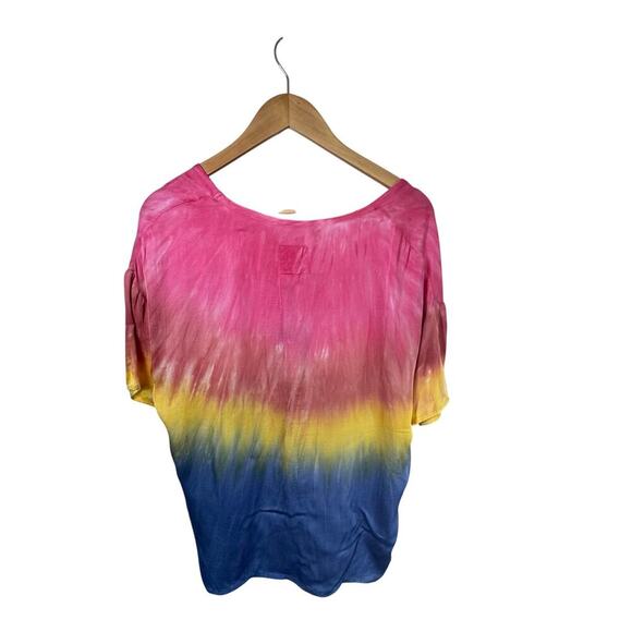 New CHASER Silky Satin Short Sleeve V-Neck Boxy Tee Prism Dye Rainbow Sz S - Picture 9 of 11